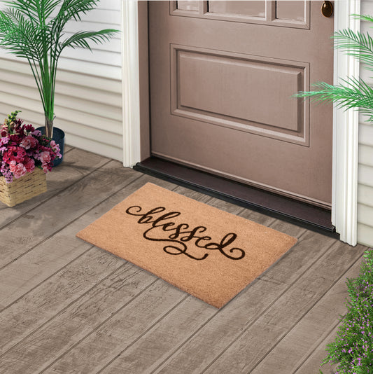 Blessed  Natural Coir Fiber Doormat, Anti-Slip PVC Mat Back | 28” x 18