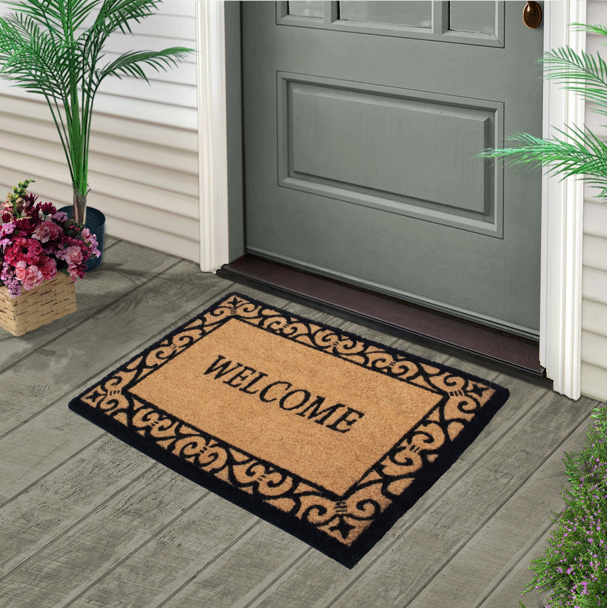 Mascot Hardware Non-Slip Rubber Back Floral Border Design 28x18 Indoor/Outdoor Doormat - Style 2