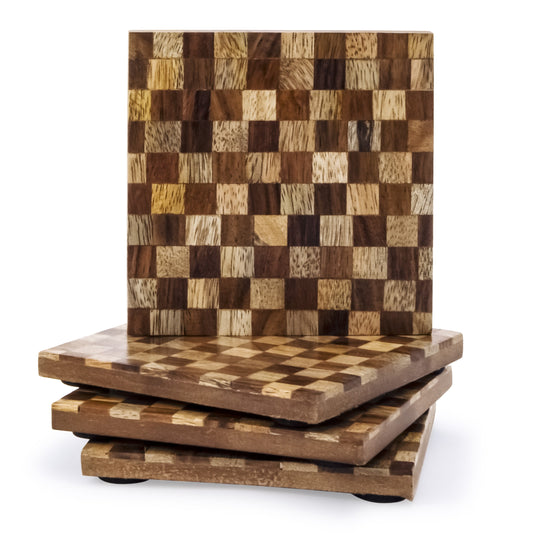 Mascot Hardware Beautiful Square Checkered Wood Coaster Set of 4