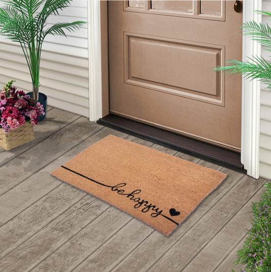 Be Happy Natural Coir Doormat with Non-Slip 28 in. x 18 in. Outdoor/Indoor