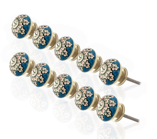 Mascot Hardware Flowers 1-3/5 in. Blue & Cream Cabinet Knob (Pack of 10)